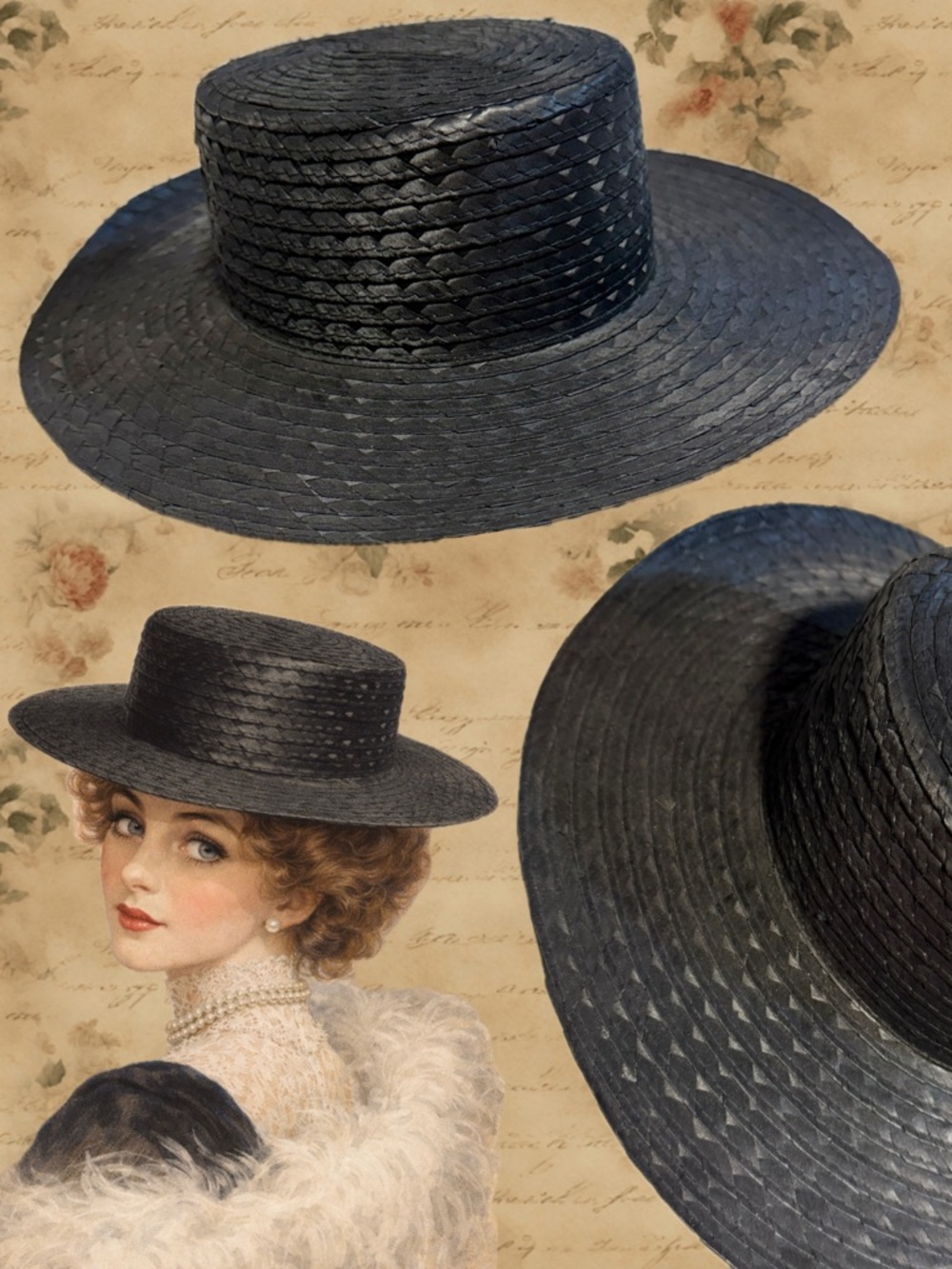 VINTAGE Gibson Girl style black woven straw hat wide brim 50s 60s sun hat church - Picture 1 of 8